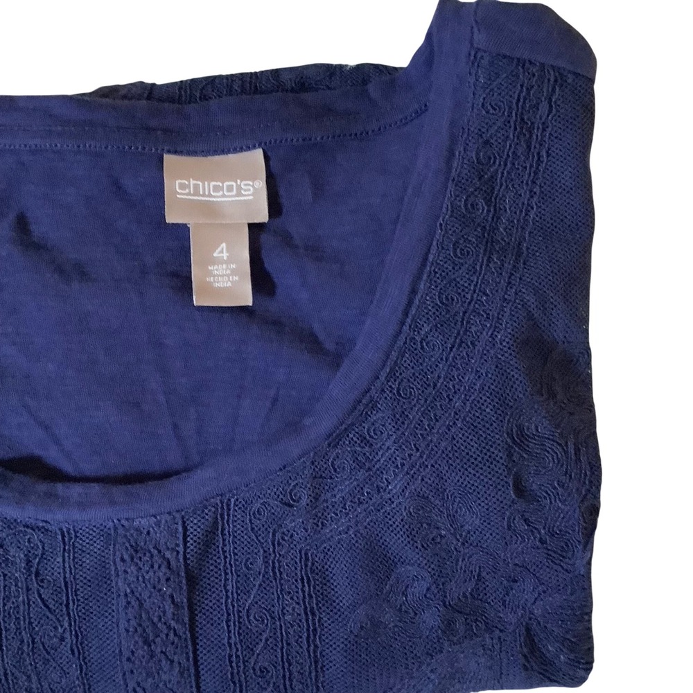 Chicos Navy‎ Blue Cotton Lace Overlay Tunic Top Short Sleeve Embroidered Size 4